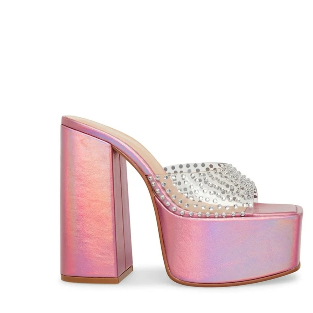 Steve Madden Ruby Iridescent Slip On Block Heel Squared Open Toe Heeled Sandals - Picture 4 of 16